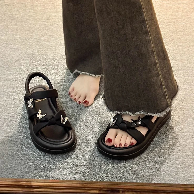 Girls Butterfly Sandals Princess Sweet Children New Trendy Summer Beach Shoes Kids Soft Sole Beige Black with Metal Butterfly