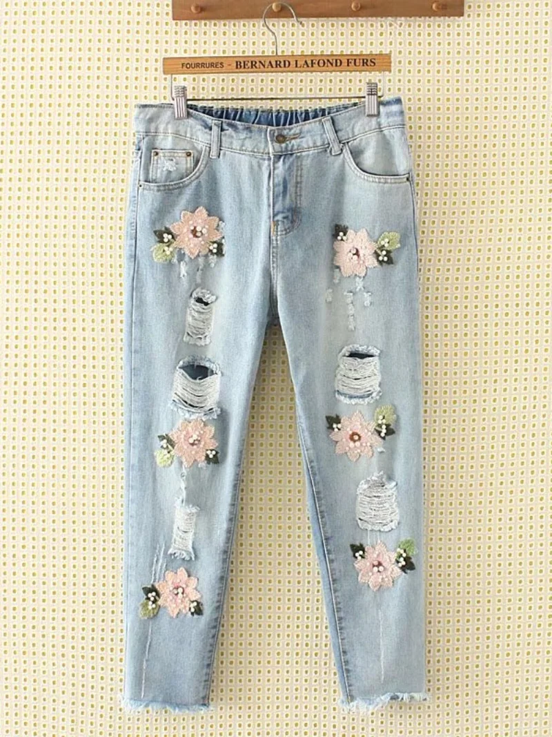 Summer plus Size Women's Jeans Handmade Loose Floral Embroidery Extra Large Pants Harlan Style Nine Points Korean Version