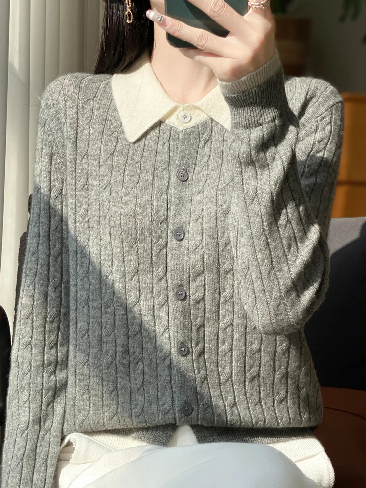 

Трикотаж из 100% мериносовой шерсти, осень-зима, женский мягкий теплый кардиган с воротником-поло, двухцветный свитер, повседневная одежда для ленивых, топы