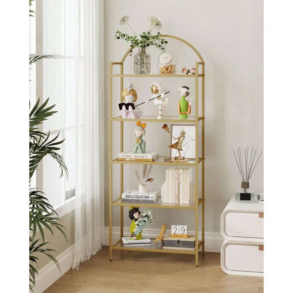 Bookcase Bookshelf, Tempered Glass Bookshelves, Slim Shelving Unit For Bedroom, Bathroom, Home Office, Steel Frame, 5 Tier 6 Ti