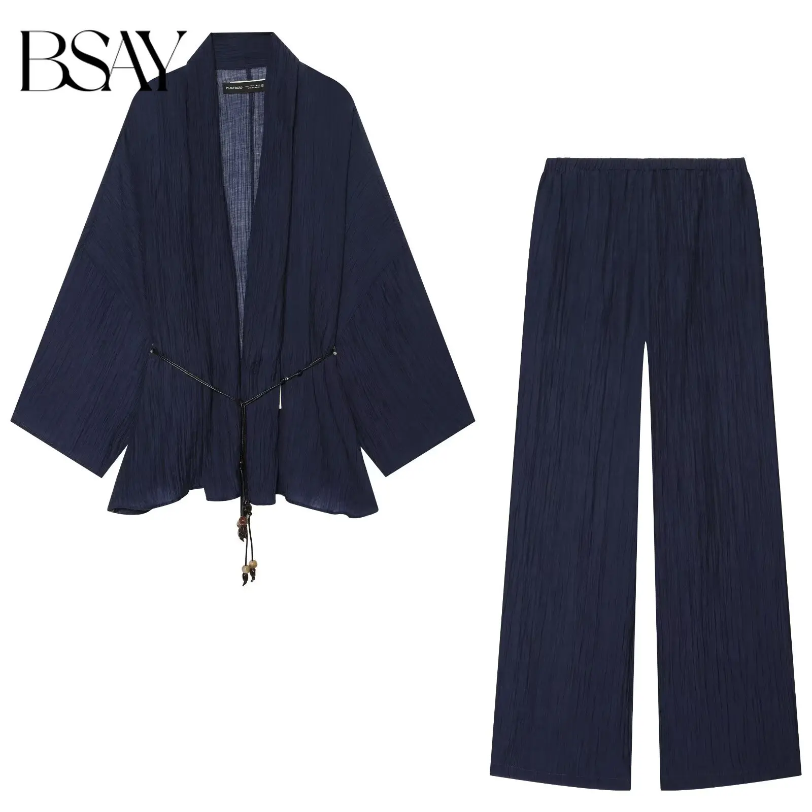BSAY 2026 New Summer New Chinese Style Navy Blue Crinkle Open Front Top Wide Leg Pants Set Women Casual 2-Piece Outfit With Belt