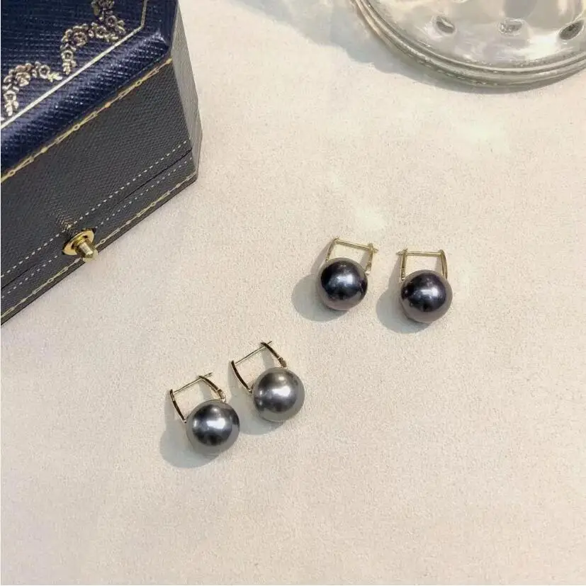 stunning pair of 9-10mm tahitian round black green pearl earring 925s