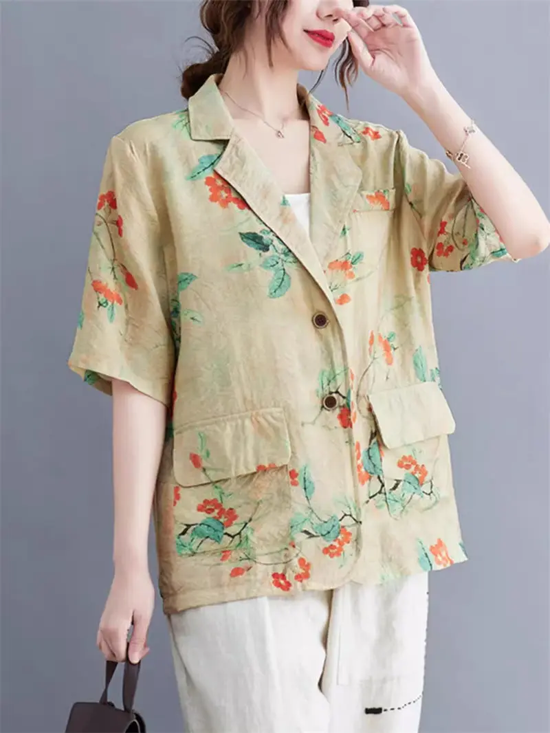 Fashion Loose Casual Versatile Slimming Top For Women's Summer Artistic Cotton And Linen Print Half Sleeve Thin Suit Jacket K539