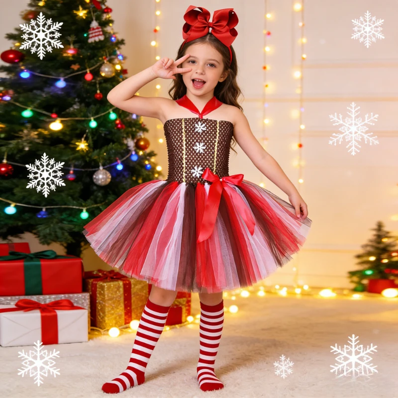 Gingerbread Man Costumes Girls Ginger Bread Disguise Outfit Children Xmas New Year Clothes for Kids Christmas Fancy Tutu Dress