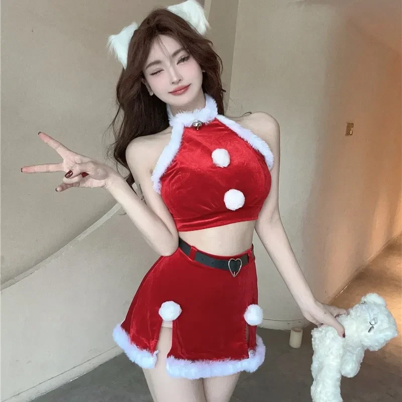 Christmas Trend Sexy Women Clothing Two-piece Suit Autumn Winter Fashionable Patchwork Halter Skirts Femme Fashion Dress Sets