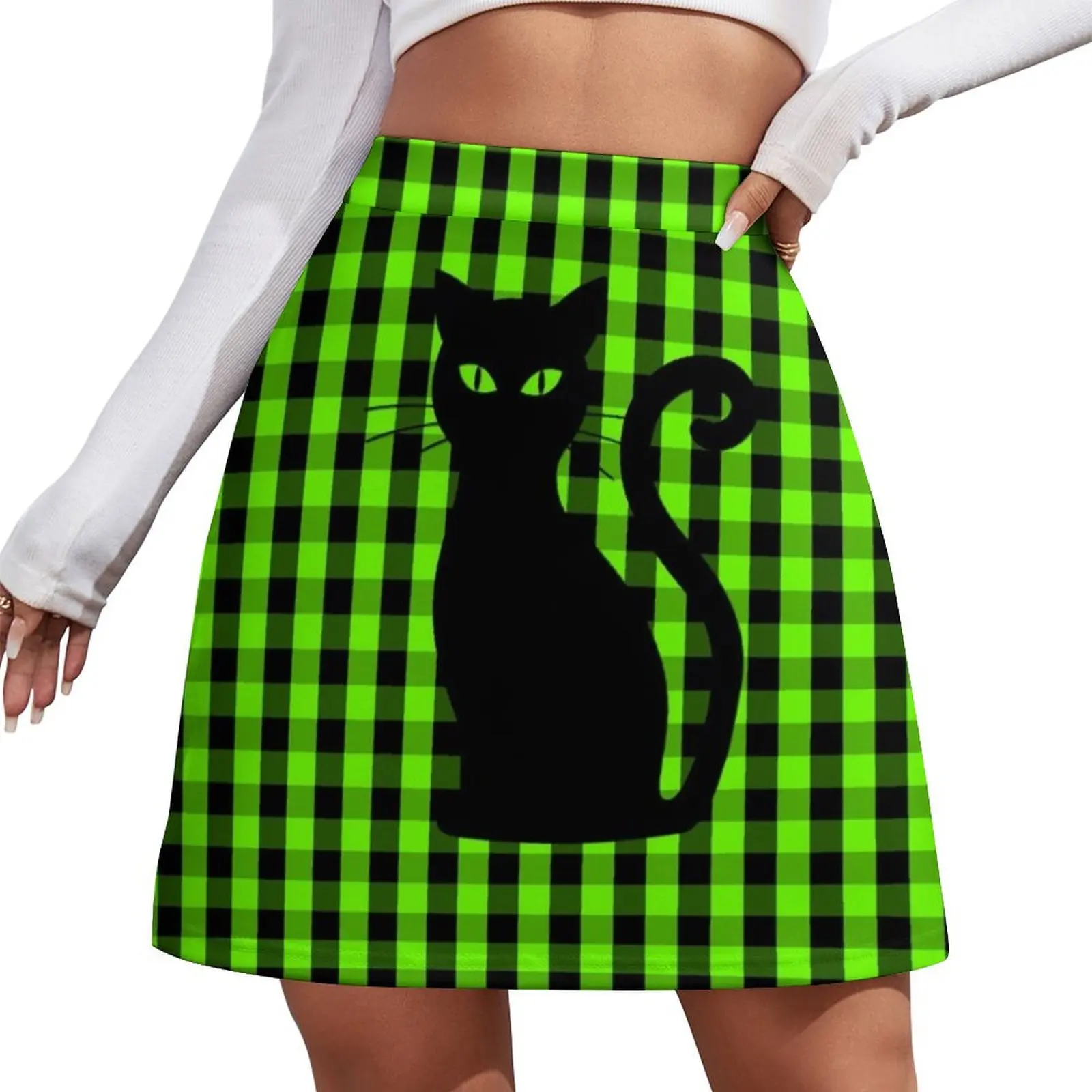 

Black Cat on Luminous Green and Black Gingham Check Mini Skirt Clothing Female dress