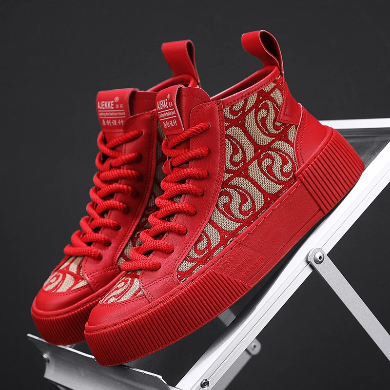 

Fashion Red High Top Sneakers Men Trendy Flat Non-slip Men's Vulcanized Shoes Breathable Platform Casual Designer Shoes For Men