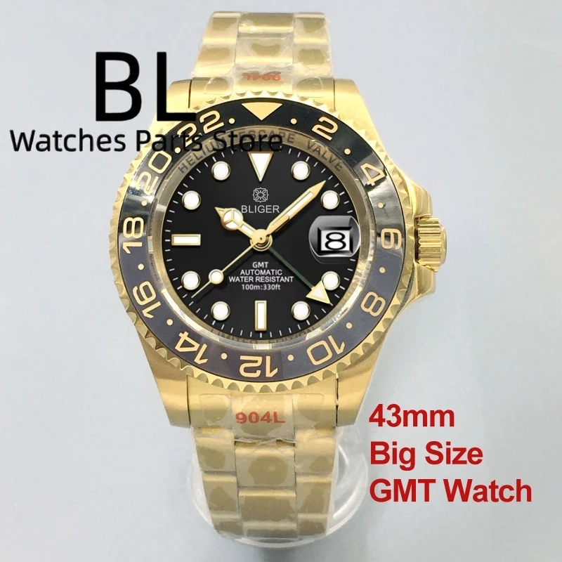 BLIGER 43MM Große Größe GMT Uhren Für Männer Luxus Voller Gold Rootbeer Zwei Ton Rose Edelstahl Saphirglas wasserdichte Uhr