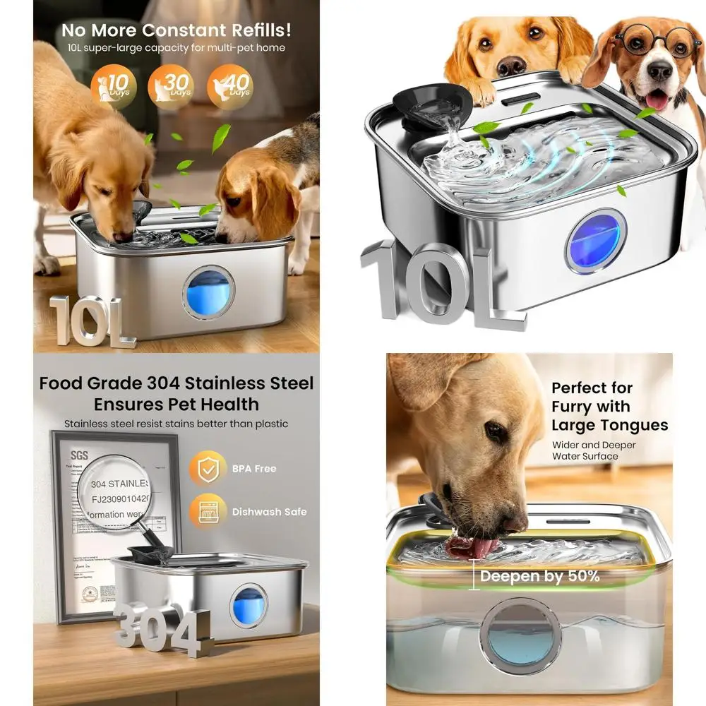 

Large Dog Water Dispenser, 10L/2.6Gal Multi-Filter & Deep Bowl, Quiet Operation with LED Light and Water Level Indicator