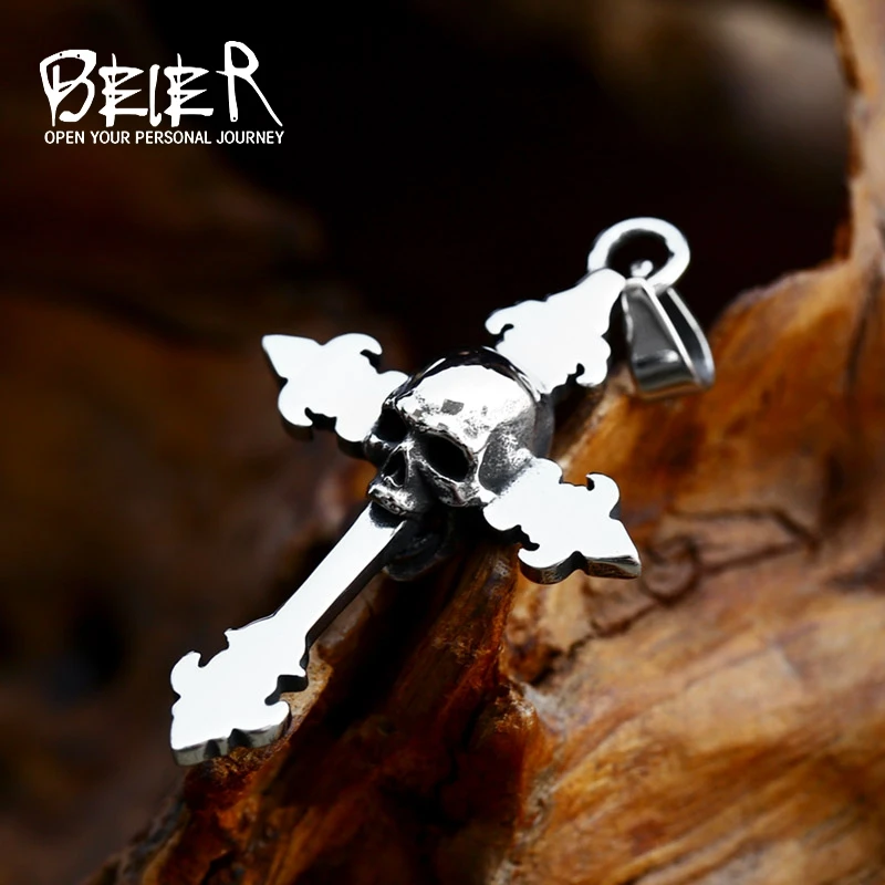 BEIER 2024 New Design 316L Stainless Steel Skull Cross Pendant Punk Biker Men\'s Pendant Vintage Jewelry