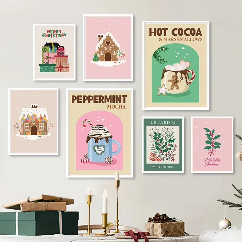Regalos de Navidad, Chocolate caliente, café, casa de pan de jengibre, póster impreso, cuadro sobre lienzo para pared, imágenes, decoración del hogar para habitación, regalo
