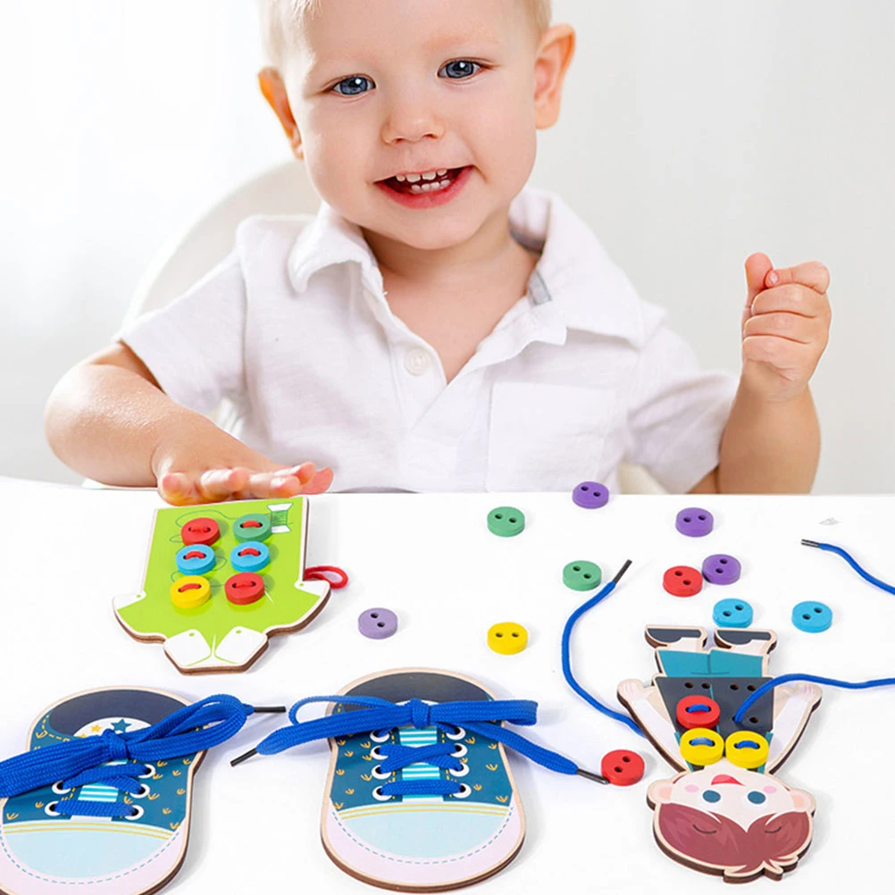 2 pçs laço de madeira crianças botão costura brinquedo educacional pré-escolar threading jogo roupas madeira aprendizagem artesanato