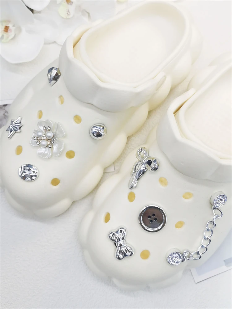 9PCS Shoe Charms ABS Decorations Accessories Hot Sale DIY Clog Buckle Shoes Silvery Bow Chain Ornaments For Lady Bubble Slides