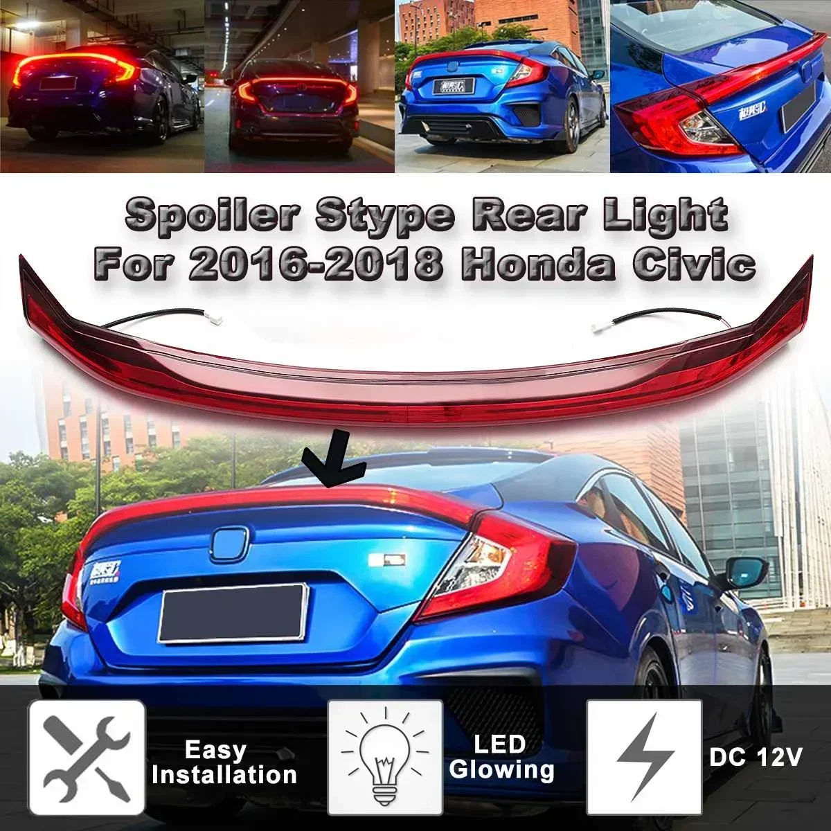 Car Style LED ABS Spoiler With Rear Brake Lamp For Honda for Civic 2016-2017 Tail Light Trunk Led Accessories Exterior Part