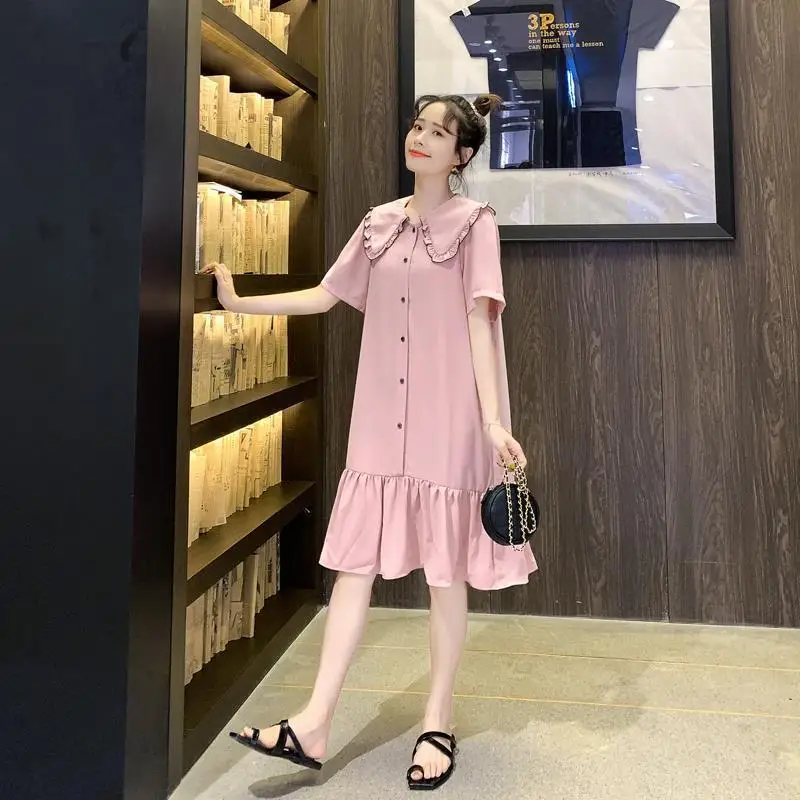

6XL Cottagecore Summer Dress Pink Plus Size Flowy Korean Style Slimming Peter Pan Collar Midi Length Breathable Mid-length Dress
