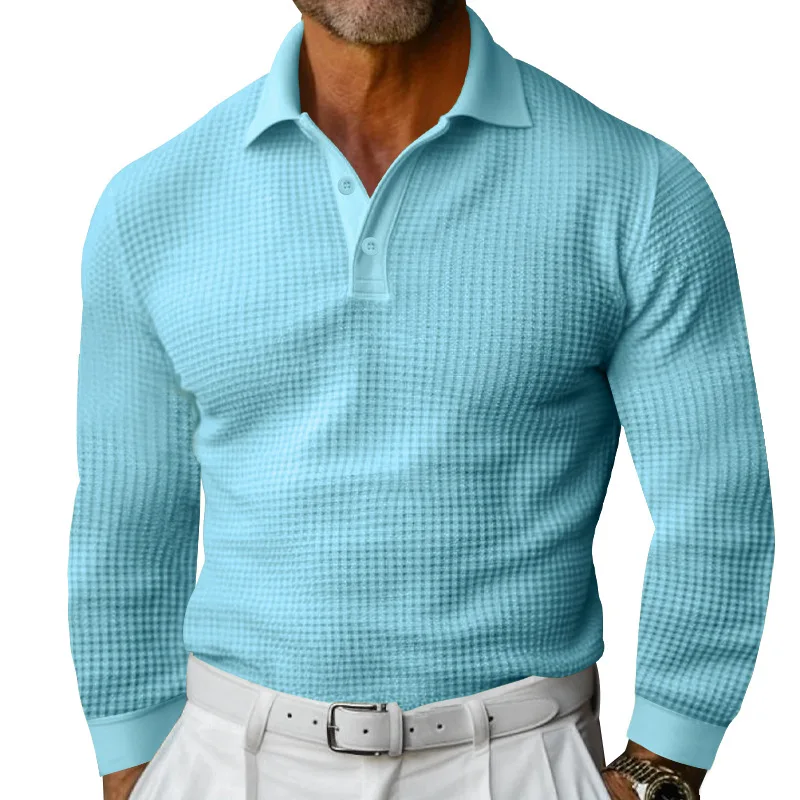 

Men's Spring Leisure Polo Shirt Solid Color Tee Sports Fitness Breathable Waffle T Shirts Men Long Sleeve Button Lapel Collar
