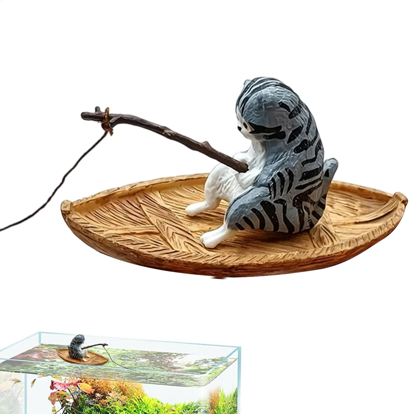 Aquarium-Dekorationen Kreatives Katzen-Angelboot Aquarium-Ornament Harz-Kätzchen Angler Fischbecken-Deko Garten-Teich-Landschaftsgestaltung – Detail 2