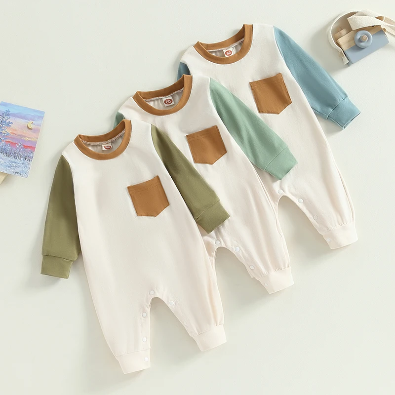 Newborn Infant Baby Boy Long Sleeve Round Neck Contrast Color Pocket Romper Pajamas Jumpsuit Fall Winter Clothes Outfit