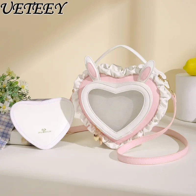 Autumn New Rabbit Ear Peach Heart Transparent Pain Bags Female Student Bar Bag Handbag Shoulder Bag Lolita Sweet Cute Lace Bag