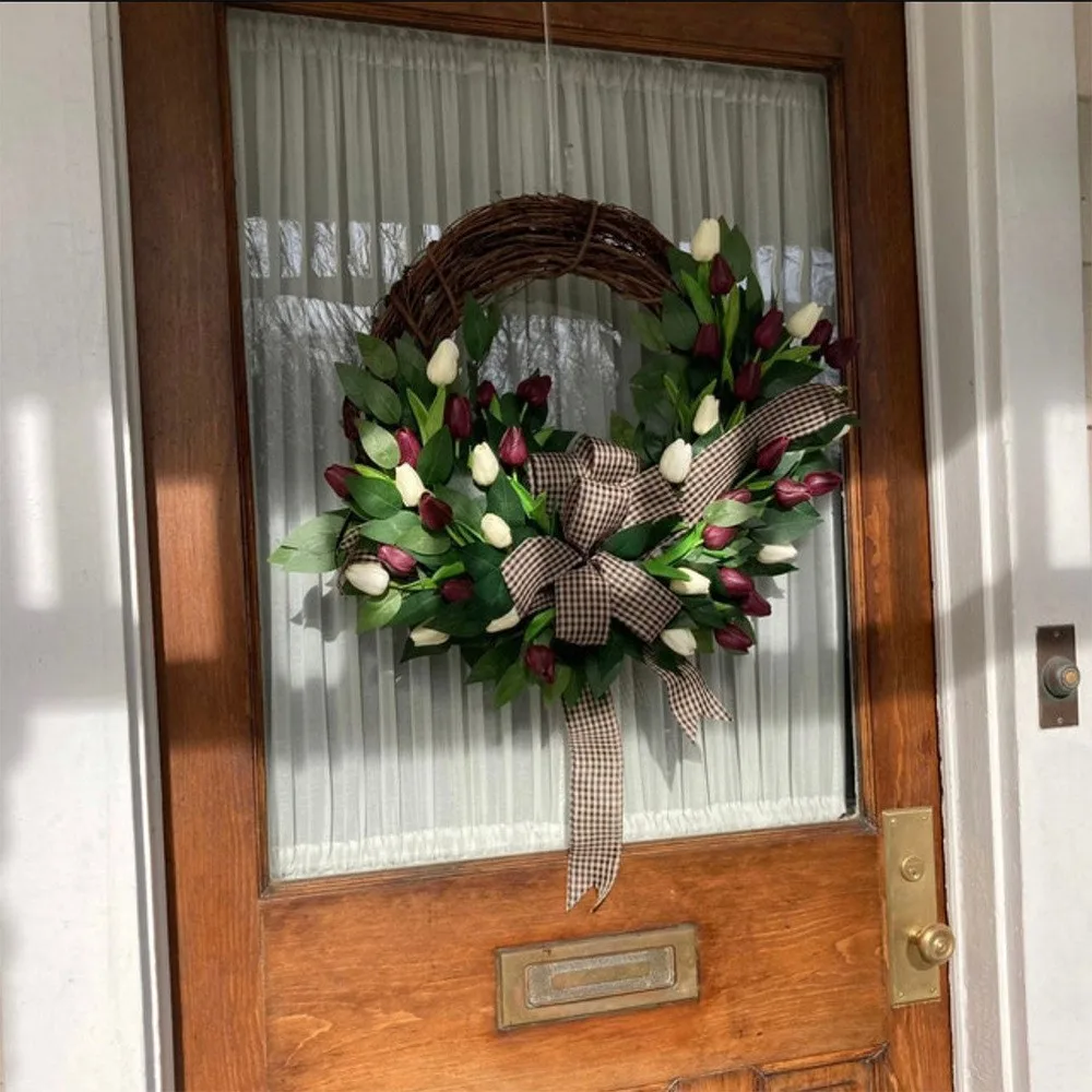 

Искусственный весенний венок из тюльпанов, ежедневный венок для ворот, круглогодичный декоративный подвесной венок на дверь из натурального ротанга