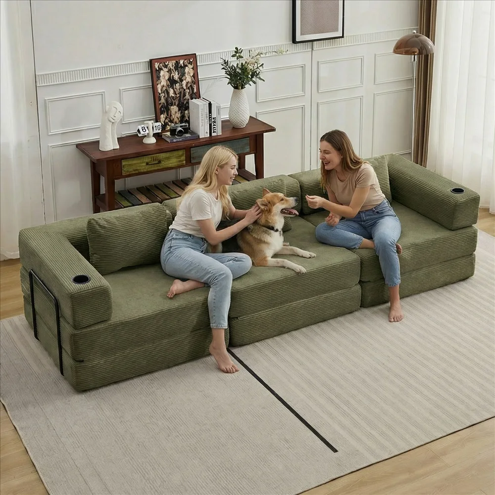 Cord-Modulsofa Frei Kombinierbare Wandelbare Eckcouch mit Getränkehaltern Übergroße Chaiselongue für Wohnzimmer – Detail 10