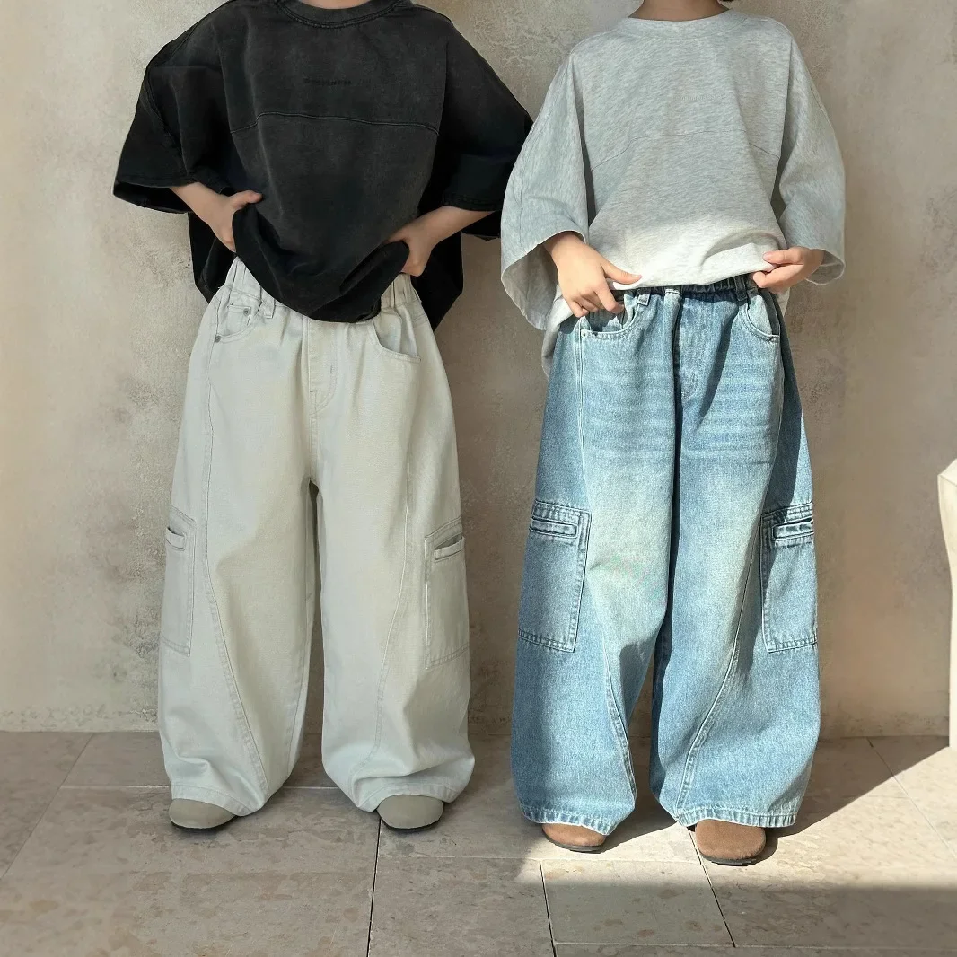 2026 Spring New Korean Edition Children's Loose Design Straight Leg Jeans Versatile Wide Leg Casual Pants For Boys And Girls