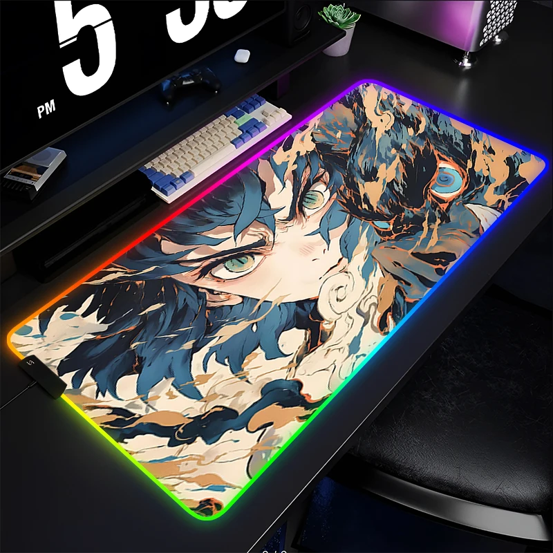 

RGB Mouse Pad Anime Gamer Tablet Varmilo Non Slip Keyboard Pad Gaming Accessories Mousepad Demon Slayer Inosuke LED Desktop Mat