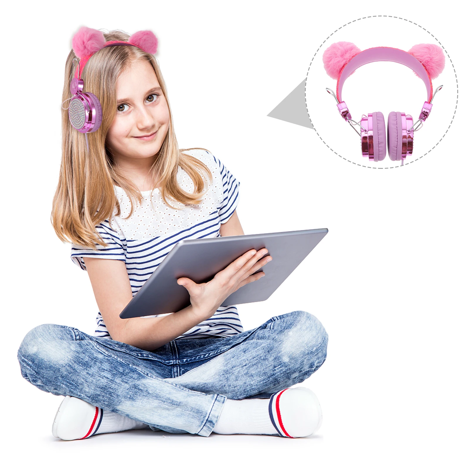 

Cat Ear Headphones With Mic Headset Wired Noise Cancelling Glitter Rhinestone Design High-Fidelity Anti-Freeze Cable Gift Girls