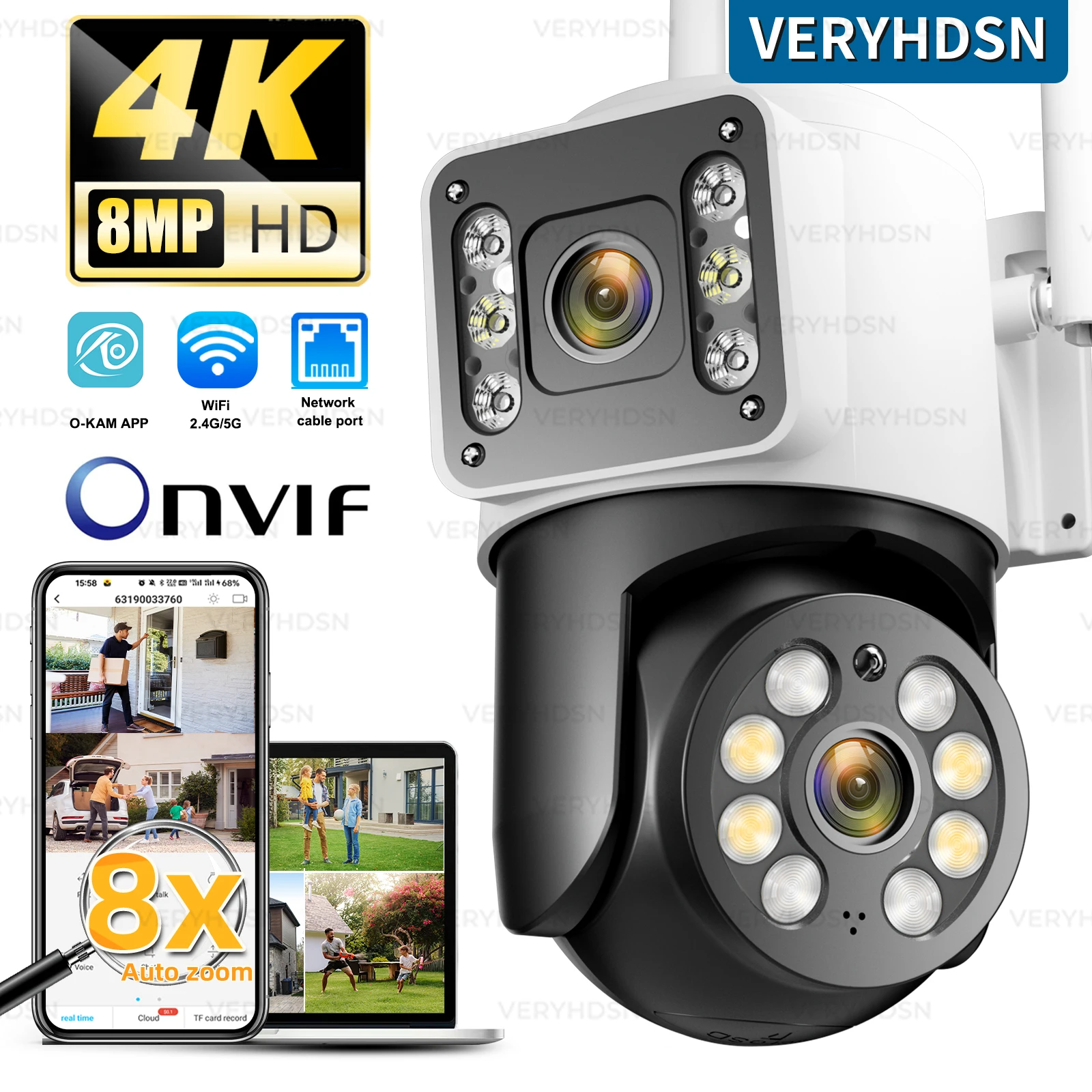 Cámara PTZ 4K de 8MP con WIFI, videocámara HD de doble lente, pantalla Dual, IP, visión nocturna a todo Color para exteriores, seguimiento automático, videovigilancia CCTV camara vigilancia wifi