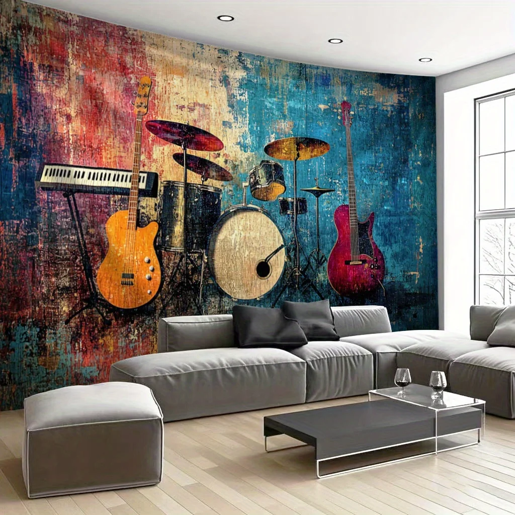 Retro Graffiti Musical Instruments Digital printing polyester wall tapestry suitable for use in living rooms offices bars party