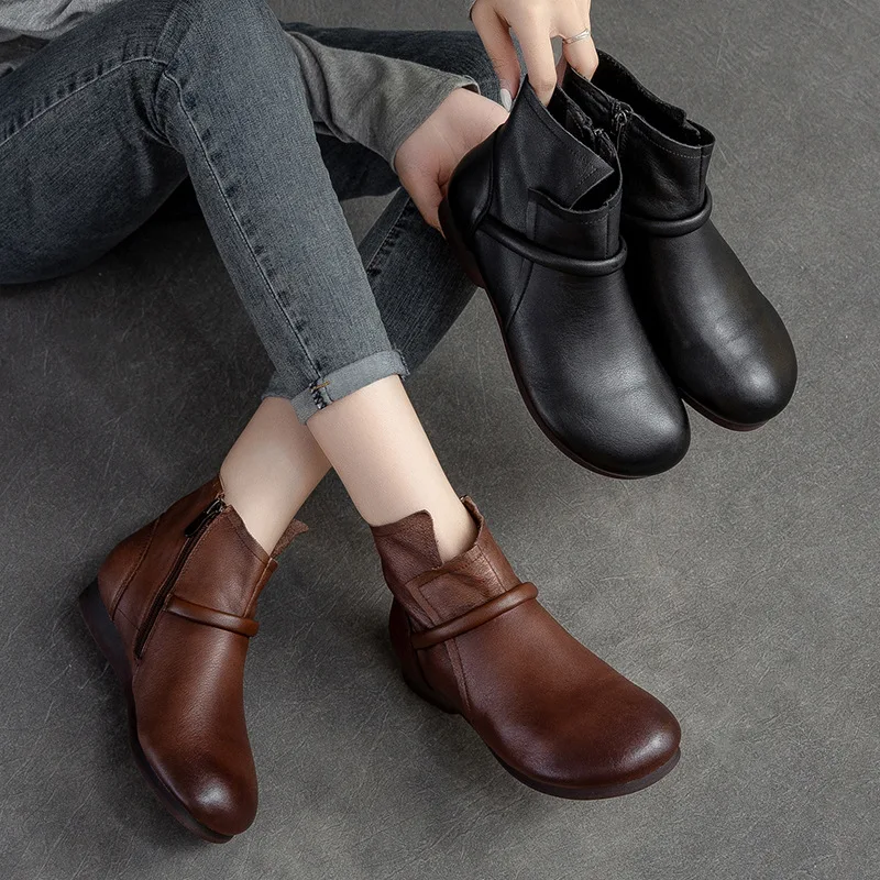 GKTINOO Winter Genuine Leather Ankle Boots 2024 Handmade Lady Soft Flat Shoes Comfortable Side Zip Short Boots