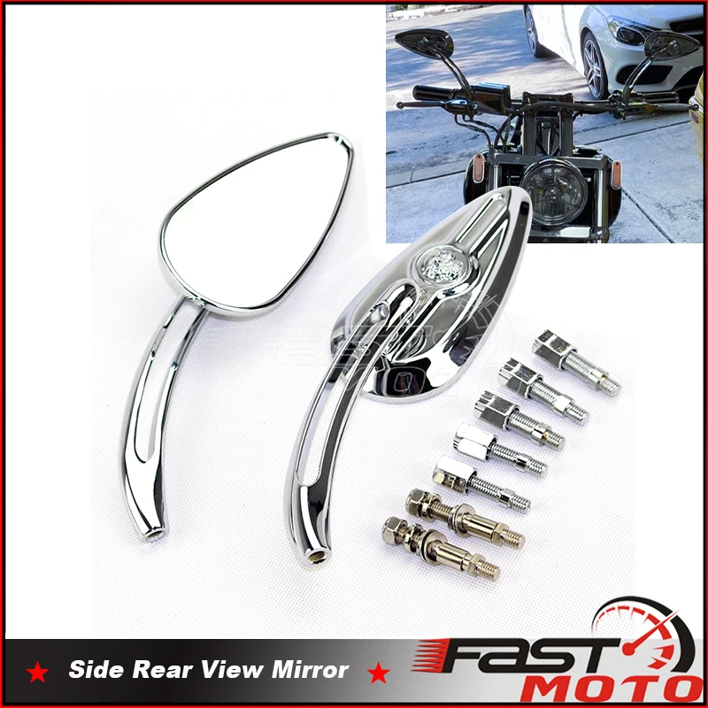 Chrome Motorcycle Rearview Mirrors For Harley Dyna Sportster Custom Cruiser Skull Teardrop Side Mirrors Rear View 8mm 10mm Bolt