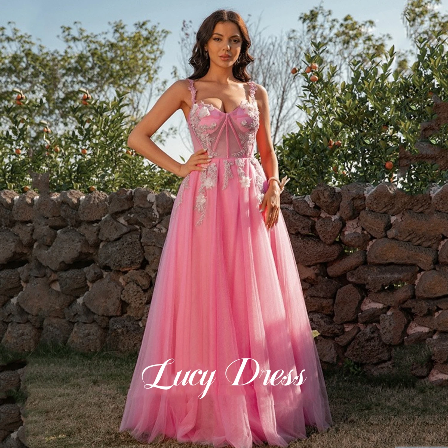 

Lucy Pink Long Party Dresses Woman Applique Fairy Skirt Woman's Evening Dress Women Elegant and Pretty Women's Dresses Line A