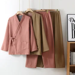 Japanese Yarn Dyed Pure Cotton Double-layer Couple Pajamas For Spring Summer Thin Styles Men Women Kimono Home Wear