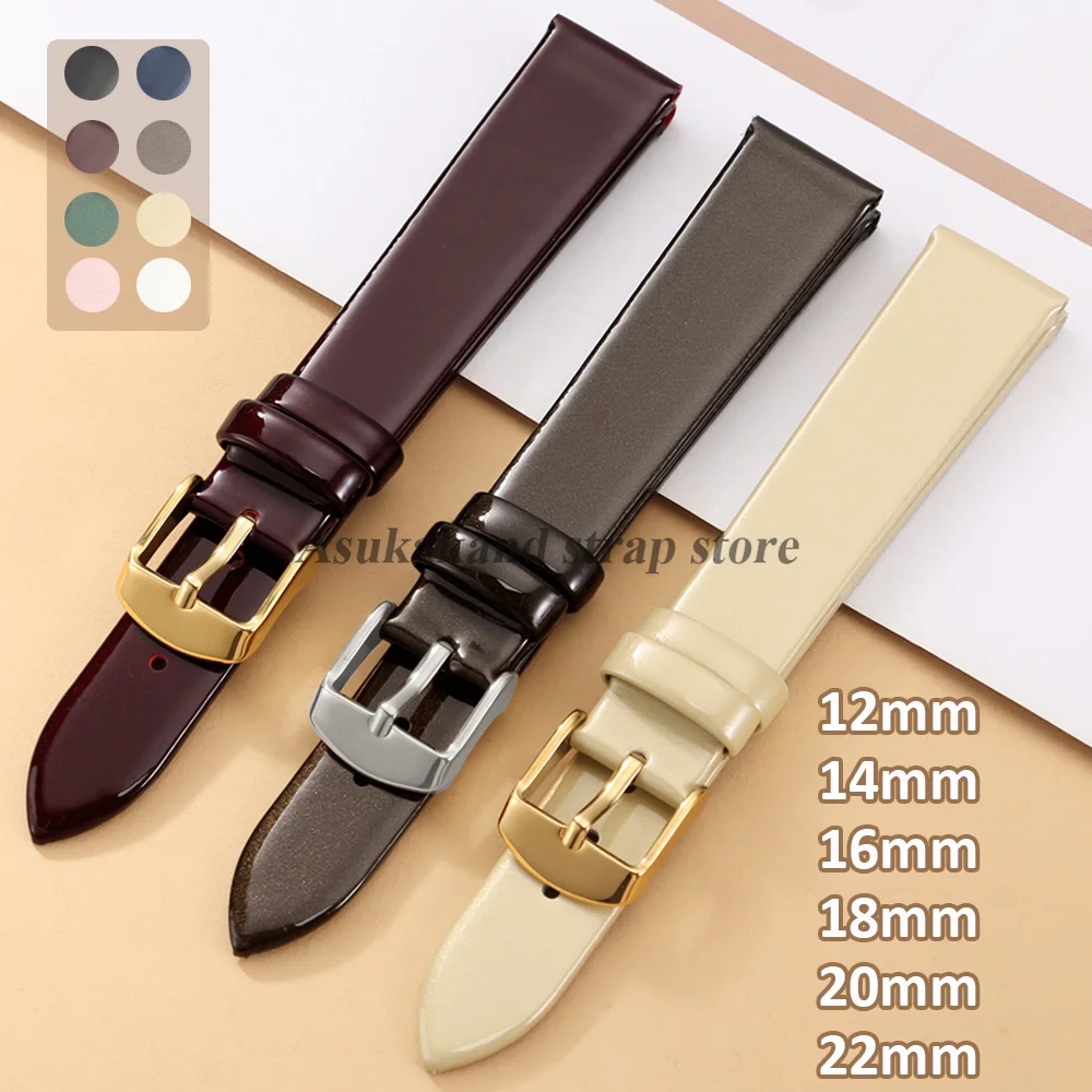 12 14mm 16mm 18mm 20mm 22mm Glossy Leather Watchband for DW for Omega Bracelet Silver Gold Pin Buckle Sport Men Women Watchstrap