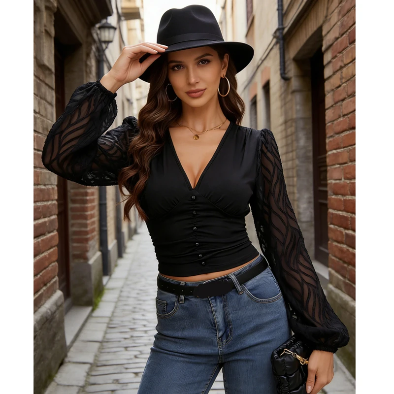 Blusa corta de malla de manga larga con cuello en V para mujer, Camisa corta informal de encaje de Color sólido elegante, Top ajustado para fiesta 2026