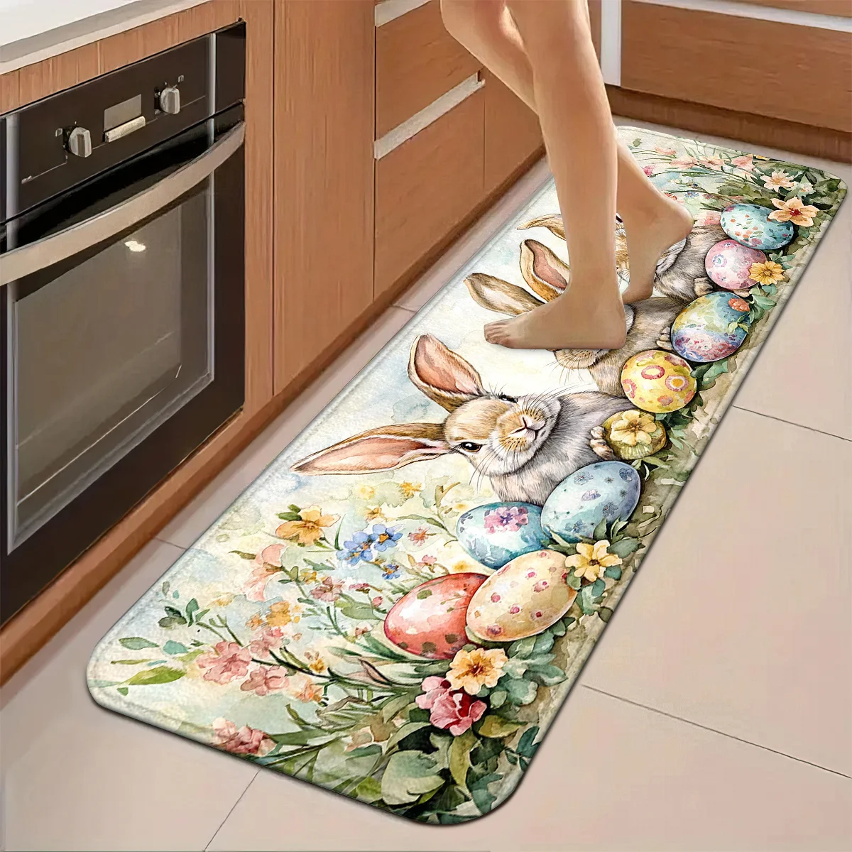 VIKAMA 1 pc Easter Bunny & Eggs Kitchen Mat Kitchen Rug Entrance Doormat Standing Mats For Bedroom Festive Easter Home Decor