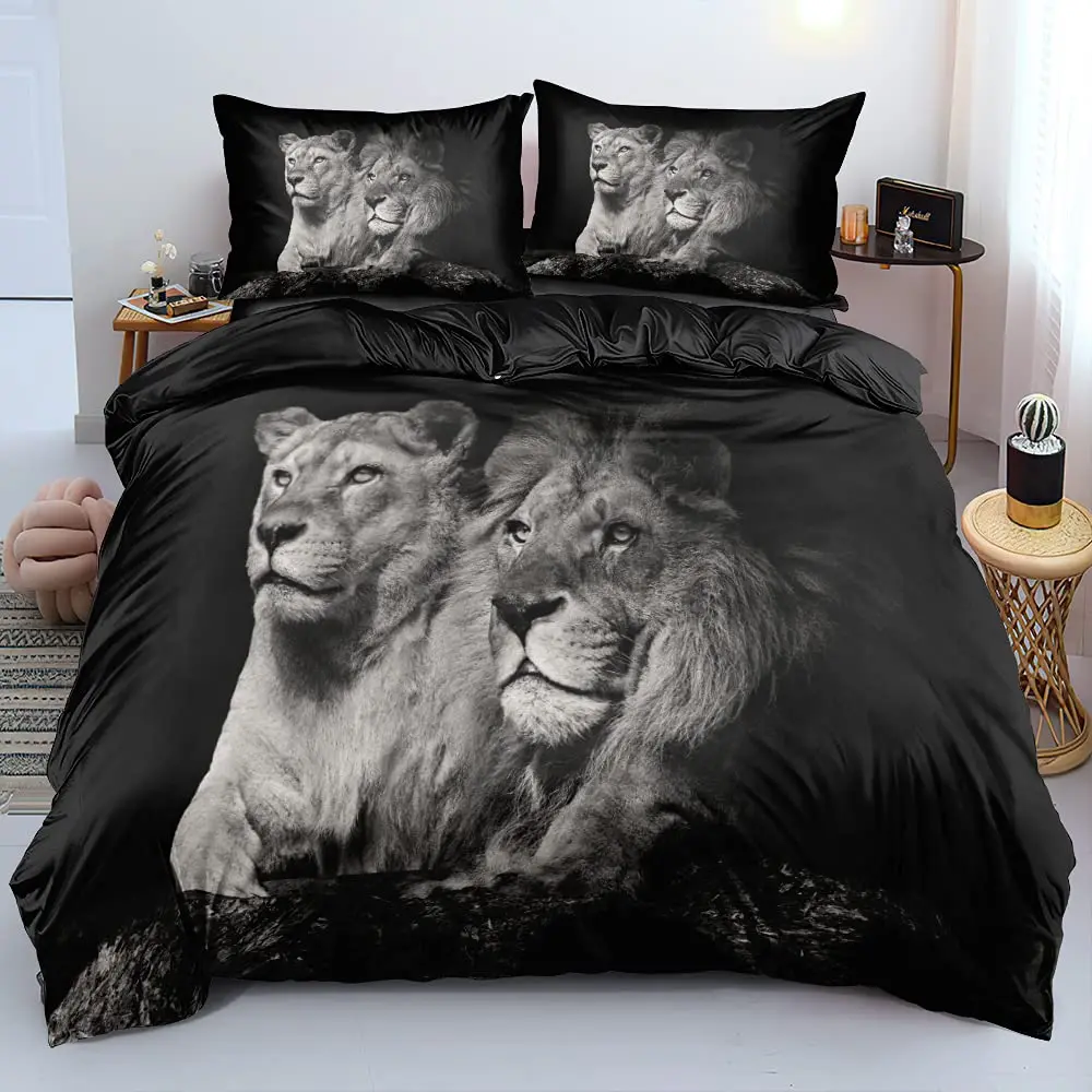 

Lion Duvet Cover Set Wild Lion Couple Print Bedding Set For Teens 3D Animal Themed Comforter Covers African Wildlife Quilt Cover