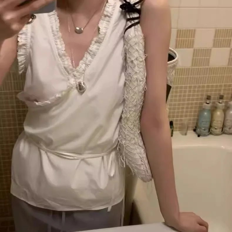 

Свободный двусторонний топ без рукавов с V-образным вырезом и завязками, женская повседневная дышащая рубашка в корейском стиле с оборками и лентами