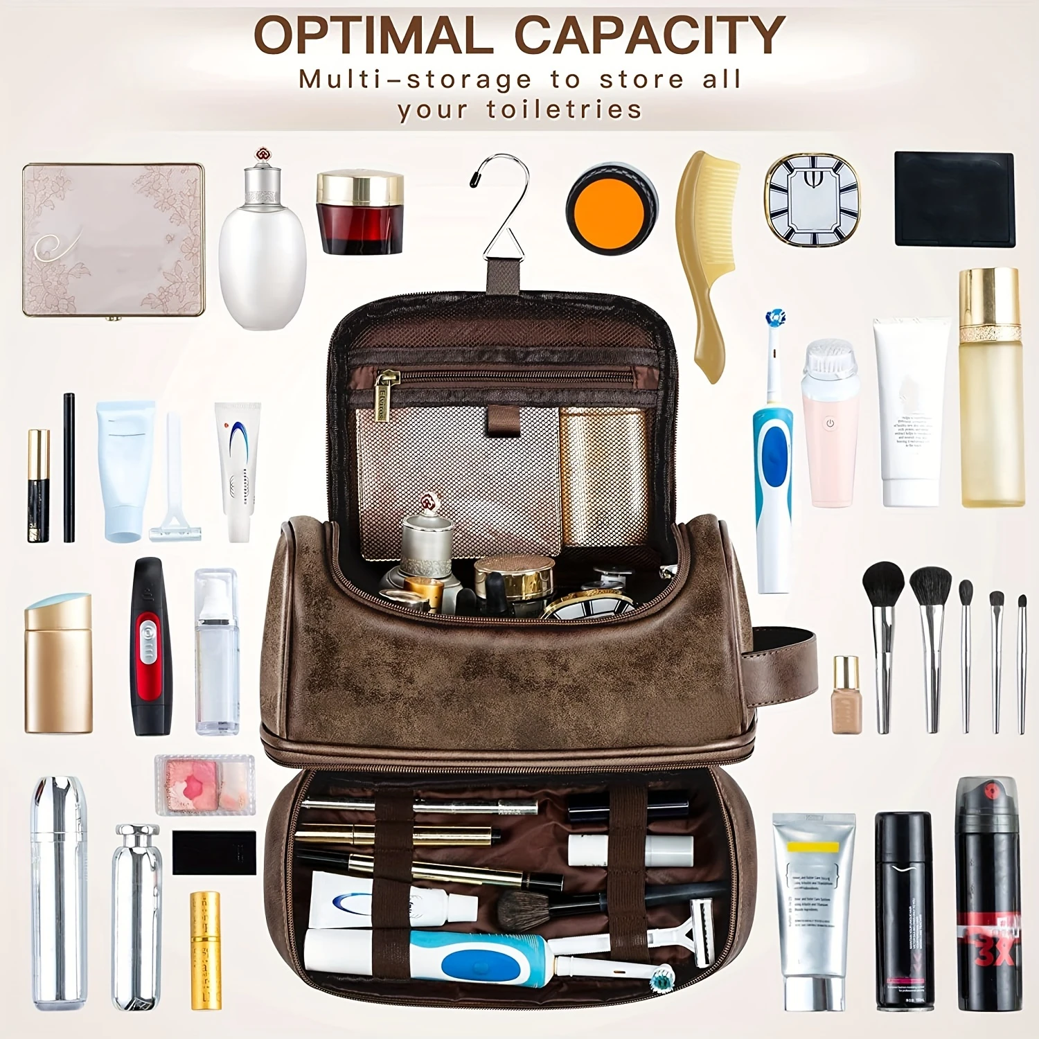 

Hanging Toiletry Bag, PU Leather Waterproof Bag, Double-Layer Large-Capacity Cosmetic Bag For Men And Women, Suitable For Trave