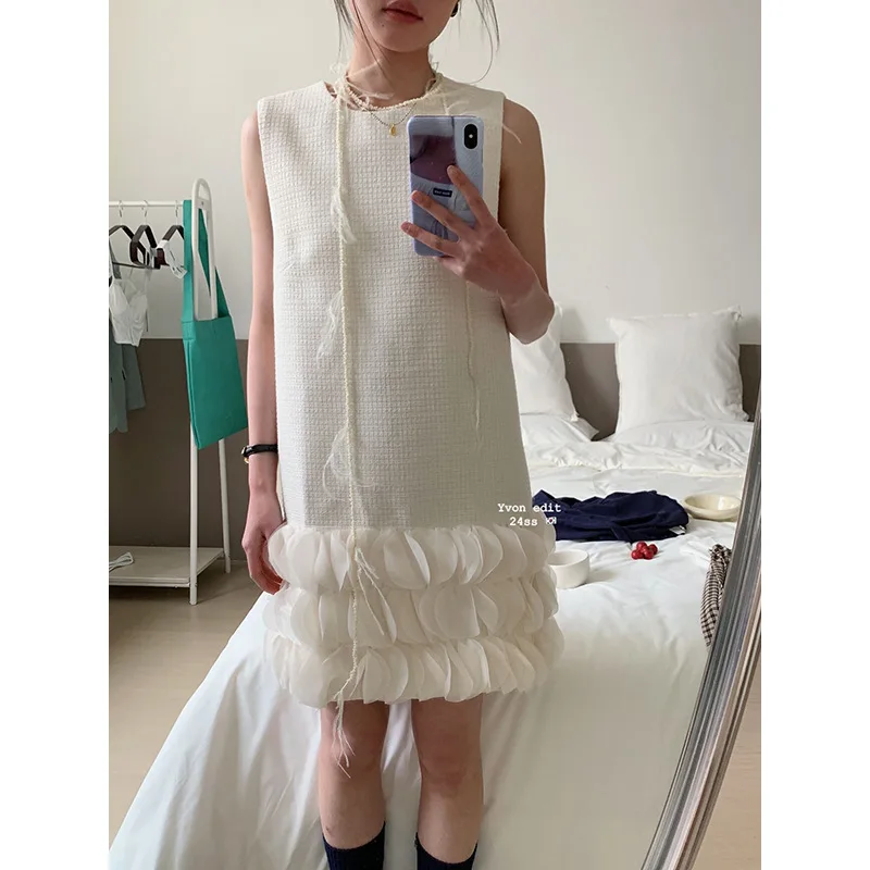 

White Small Fragrance 3D Lace Sleeveless Dress Women Luxury Birthday Party Sweet and Elegant High Quality Vest Lady Dress Spring