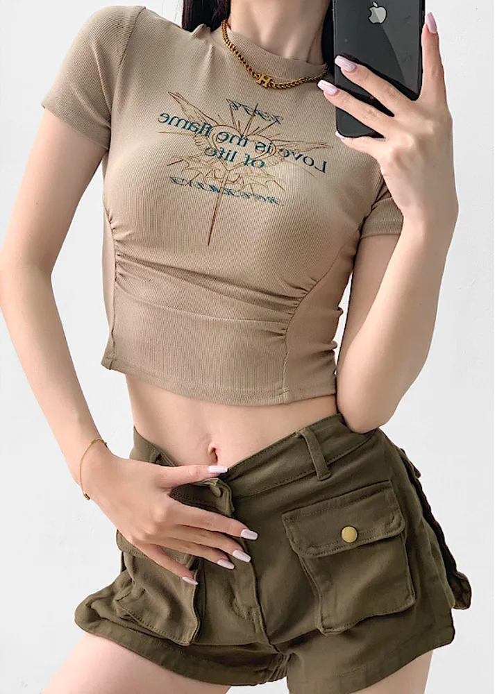 Summer New Round Neck Short Sleeve Pleated High Waist Thin Short Elastic Cotton Print T-shirt Half Sleeve Top Women V600