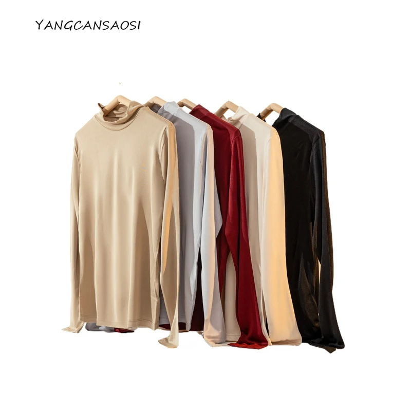 

2025 Women's Fashion Autumn New Half High Neck 100% Natural Mulberry Silk Skin Friendly Breathable Slim Long Sleeve Bottom Shirt