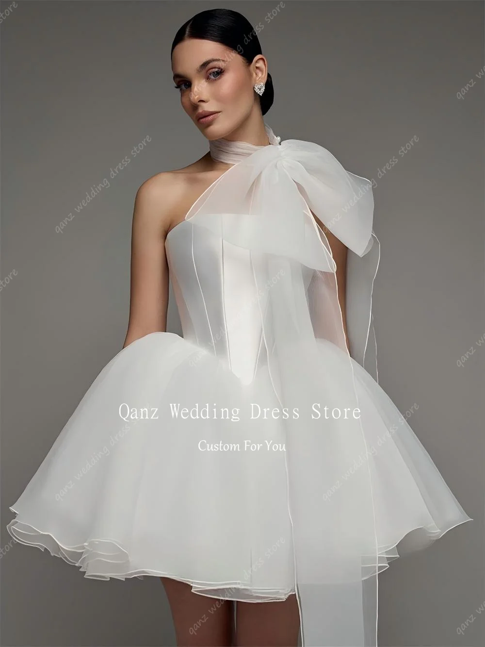 Qanz Mini Strapless Wedding Dress Sexy Open Back Short A Line Puffy Vestidos De Novias Civil Plus Size Bridal Gowns Customized