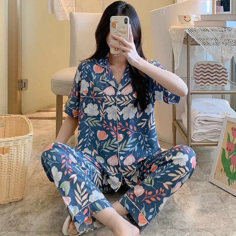 

plant floral print satin pajama sets 2 piece pants trouser ruffled lady outfit lounge women pijama sleepwear pajama nightwear