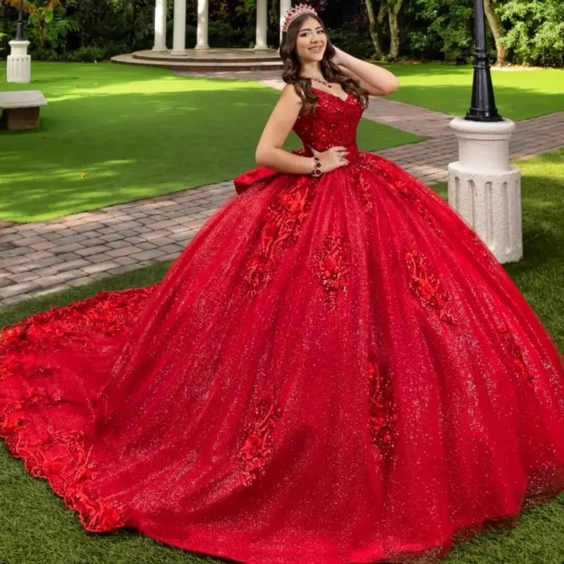 사용자 정의 반짝 이는 레드 오프 어깨 Quinceanera 드레스 스팽글 아플리케 Tull 레이스 3D 꽃 vestidos de 15 Quinceanera ﻿