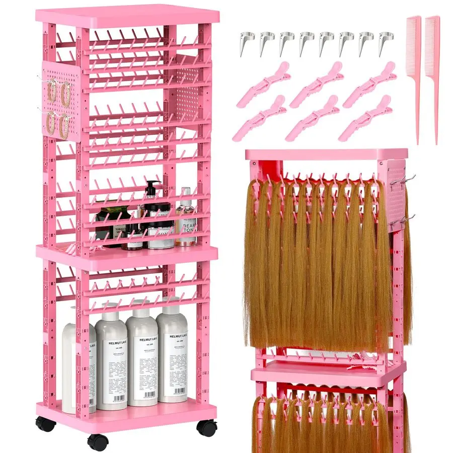 

Rack with Tools, 2Sided Hair Rack Braid Stand with Wheels, 220 Pegs Standing Hair Separator Divider Extension Holder Hanger Perm