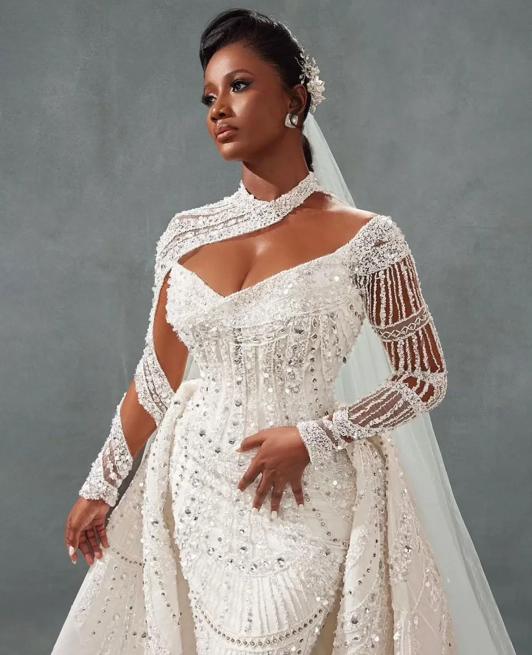 Customized High Collar Sparkly Beads Crystals Wedding Dress with Removable Skirt  Robe De Marriage  Long Sleeves   Bridal Gown