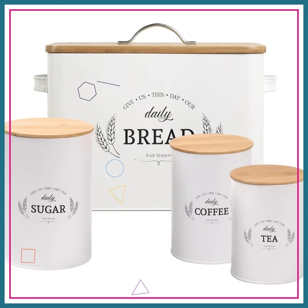 

Extra Large White Farmhouse Bread Box with 3 Nesting Kitchen Canisters for Countertop Storage
