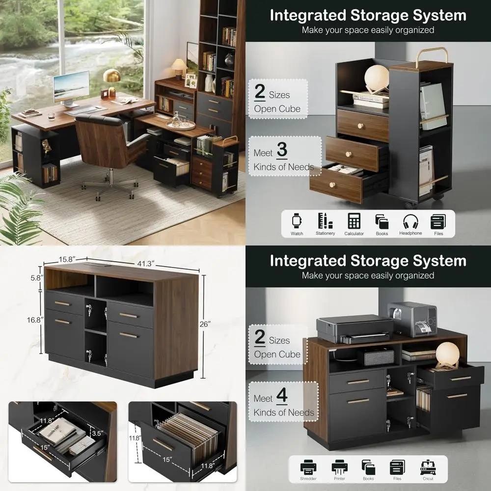 

71 Electric Adjustable Desk with Dual-Function Cabinet, AC/USB Ports, Mobile Cabinet on Lockable Wheels, Black Walnut Finish